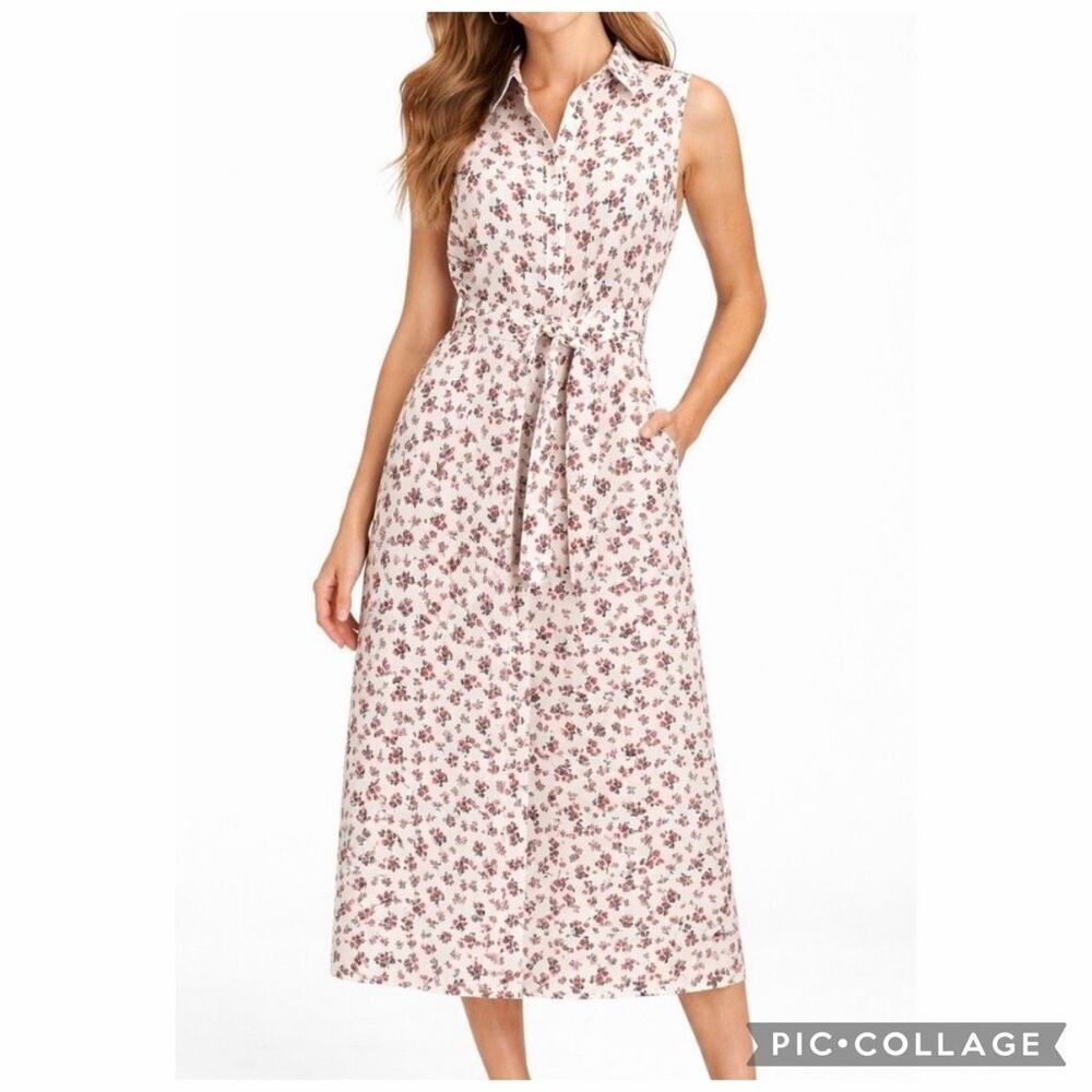 Cynthia Rowley white and red floral button down 100% linen sleeveless midi dress